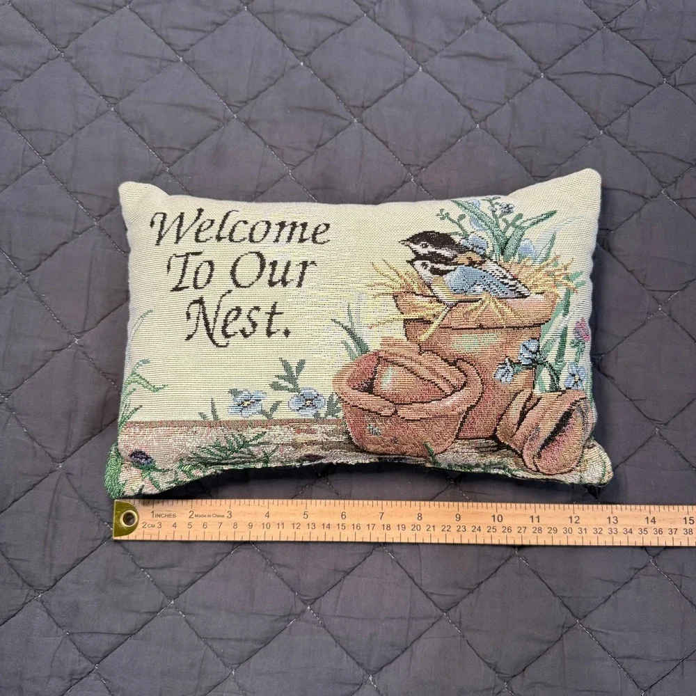 Vintage Needlepoint Bird Welcome‎ Pillow Cottage Farmhouse Decor Cozy Rustic